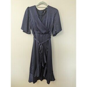 Lulu's Navy Satin Midi Wrap Dress Wrapped Up In Love Flutter Sleeve Medium